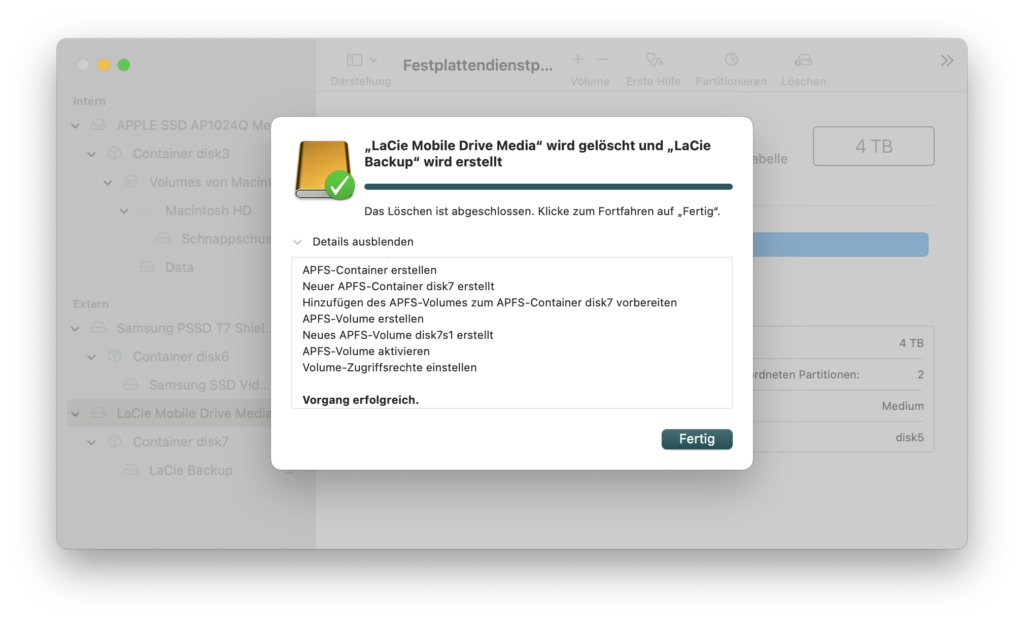 Festplattendienstprogramm Festplatte für den Mac formatieren abgeschlossen