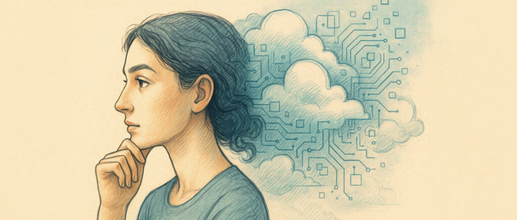 Handgezeichnete digitale Illustration: Eine Frau mit nachdenklichem Blick, zwischen ihrem Kopf, einer stilisierten Gehirnform und Wolken schwebt ein leuchtender Mikrochip. Symbol für das Spannungsfeld zwischen Mensch, Denken und maschineller Intelligenz.